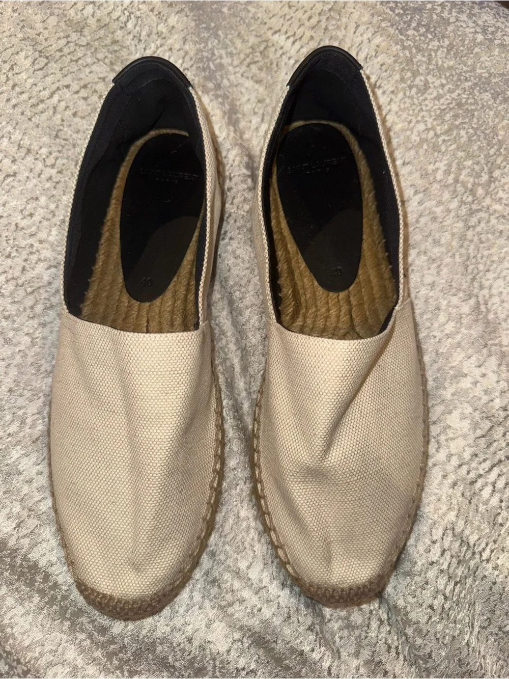 Saint Laurent Cream Canvas Espadrille Flats with Black Trim